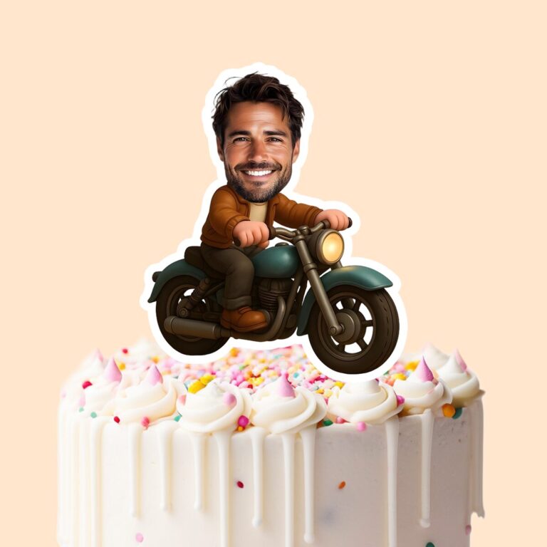 Custom Classic Motorcycle Rider Face Cutout – Cake Topper Custom Classic Motorcycle Rider Face Cutout shown on a cake topper mockup