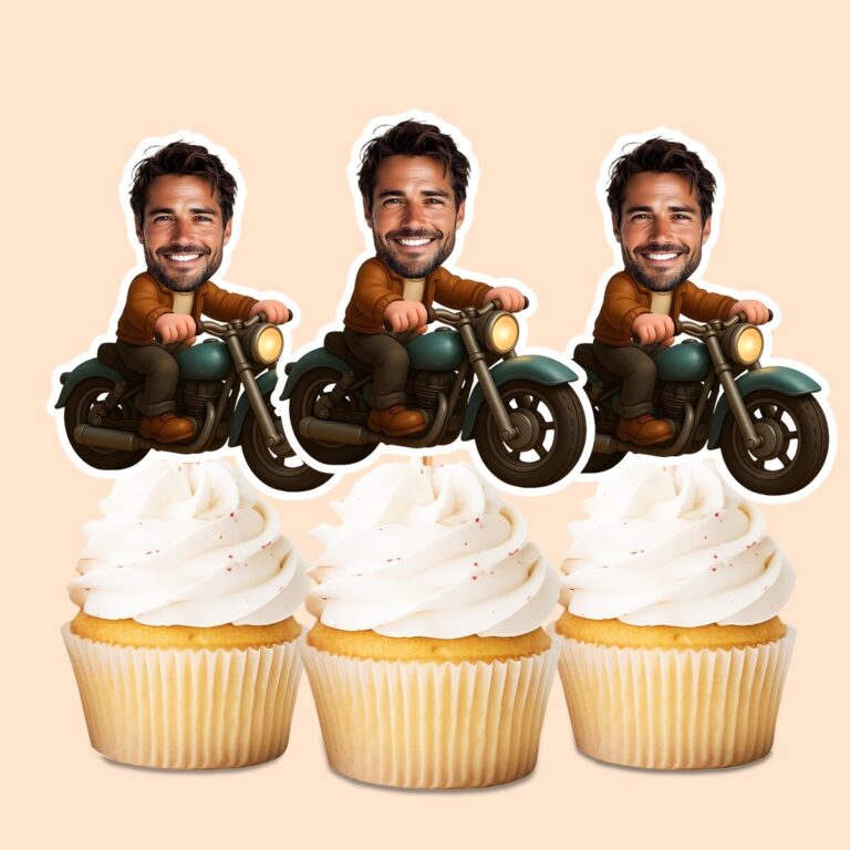 Custom Classic Motorcycle Rider Face Cutout – Cupcake Topper Custom Classic Motorcycle Rider Face Cutout shown on a cupcake topper mockup
