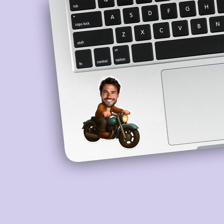 Custom Classic Motorcycle Rider Face Cutout – Sticker Custom Classic Motorcycle Rider Face Cutout shown on a sticker mockup