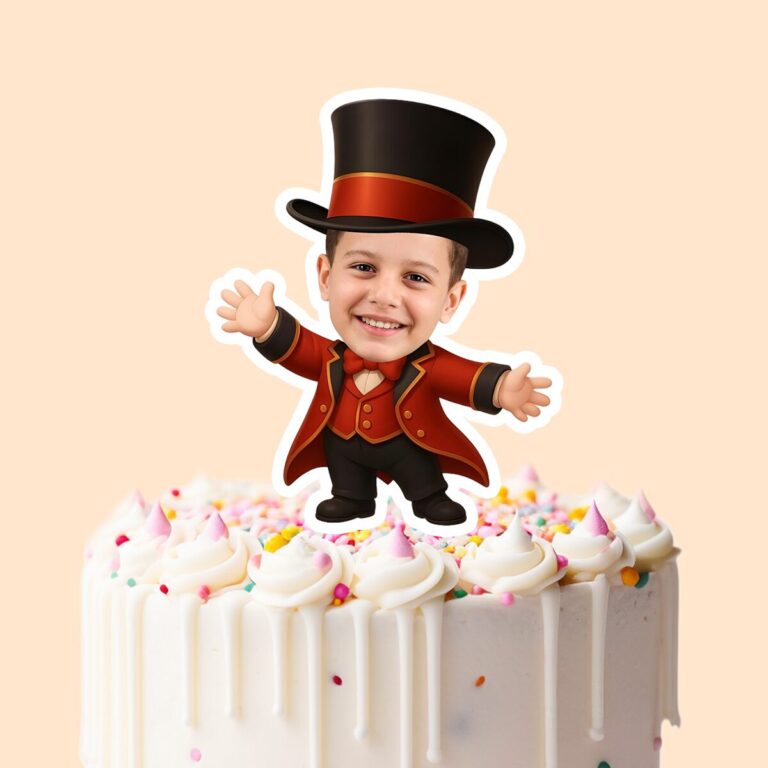 Custom Circus Ringmaster Tall Black Top Hat Face Cutout – Cake Topper Custom Circus Ringmaster Tall Black Top Hat Face Cutout shown on a cake topper mockup