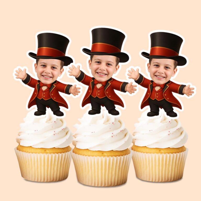 Custom Circus Ringmaster Tall Black Top Hat Face Cutout – Cupcake Topper Custom Circus Ringmaster Tall Black Top Hat Face Cutout shown on a cupcake topper mockup