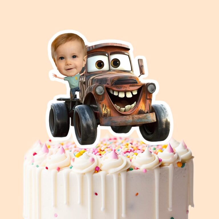 Custom Child with Rusty Tow-Truck Character Face Cutout – Cake Topper Custom Child with Rusty Tow-Truck Character Face Cutout shown on a cake topper mockup