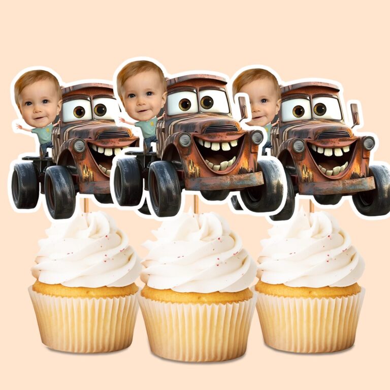 Custom Child with Rusty Tow-Truck Character Face Cutout – Cupcake Topper Custom Child with Rusty Tow-Truck Character Face Cutout shown on a cupcake topper mockup