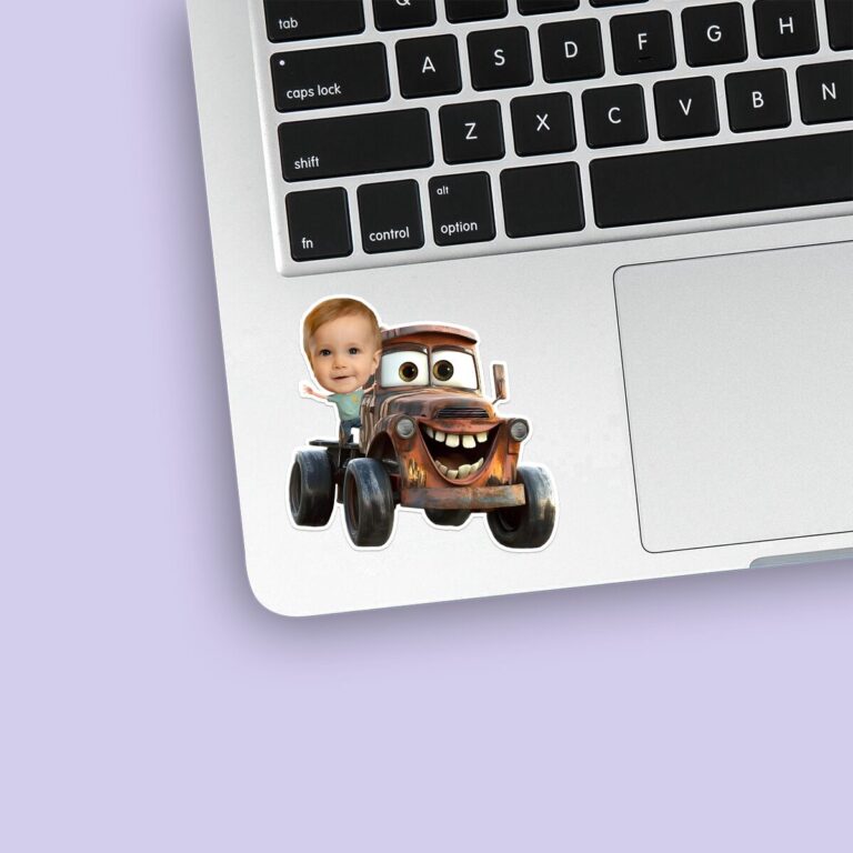Custom Child with Rusty Tow-Truck Character Face Cutout – Sticker Custom Child with Rusty Tow-Truck Character Face Cutout shown on a sticker mockup
