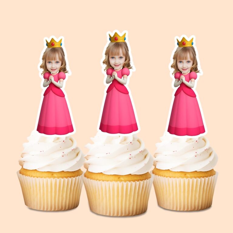 Custom Pink-Gowned Game Princess Face Cutout – Cupcake Topper Custom Pink-Gowned Game Princess Face Cutout shown on a cupcake topper mockup
