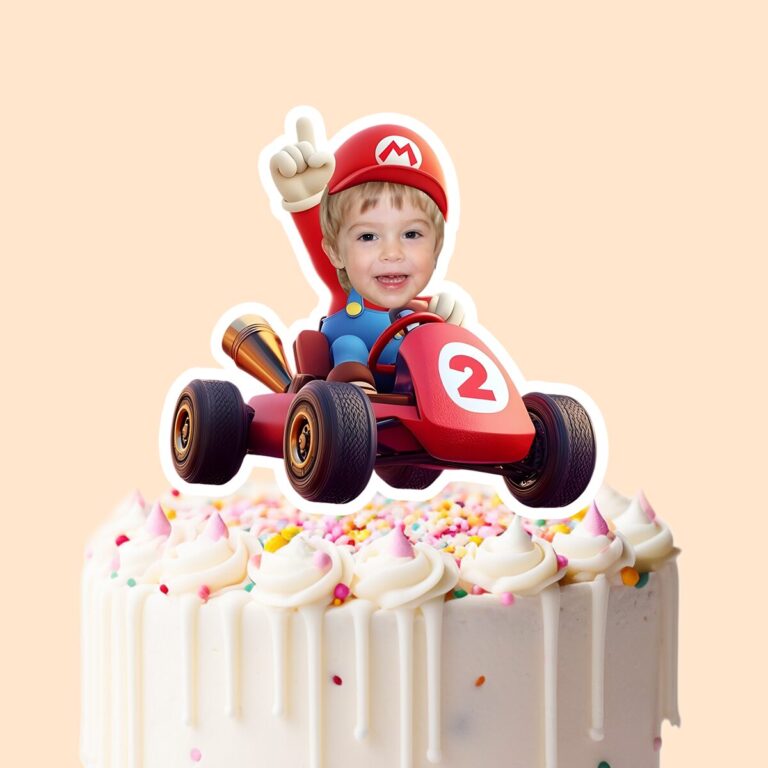 Custom Red-Capped Kart Racer Face Cutout – Cake Topper Custom Red-Capped Kart Racer Face Cutout shown on a cake topper mockup
