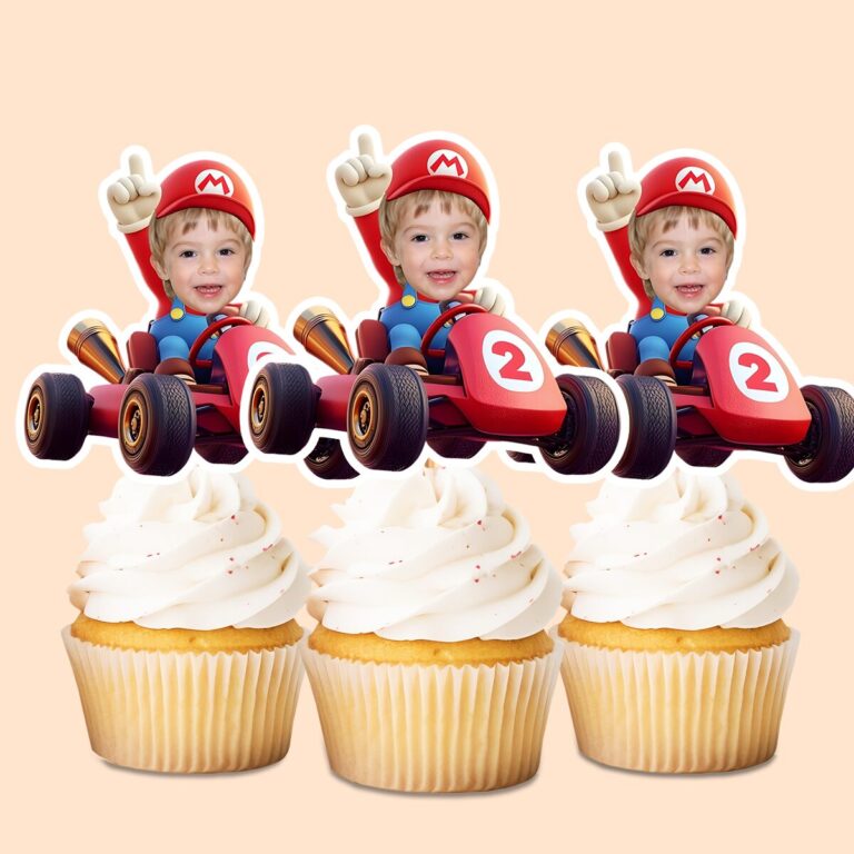 Custom Red-Capped Kart Racer Face Cutout – Cupcake Topper Custom Red-Capped Kart Racer Face Cutout shown on a cupcake topper mockup
