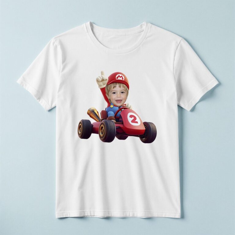 Custom Red-Capped Kart Racer Face Cutout – T-shirt Custom Red-Capped Kart Racer Face Cutout shown on a T-shirt mockup