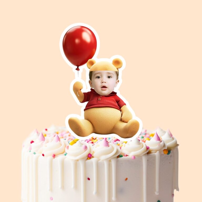 Custom Bear-Costume Character with Balloon Face Cutout – Cake Topper Custom Bear-Costume Character with Balloon Face Cutout shown on a cake topper mockup