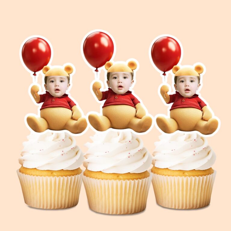 Custom Bear-Costume Character with Balloon Face Cutout – Cupcake Topper Custom Bear-Costume Character with Balloon Face Cutout shown on a cupcake topper mockup