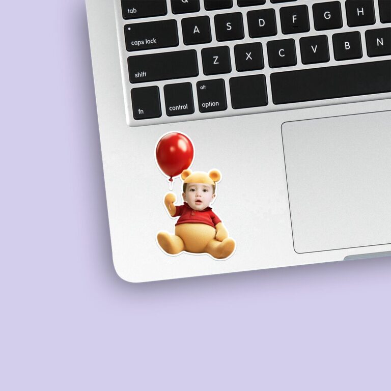 Custom Bear-Costume Character with Balloon Face Cutout – Sticker Custom Bear-Costume Character with Balloon Face Cutout shown on a sticker mockup