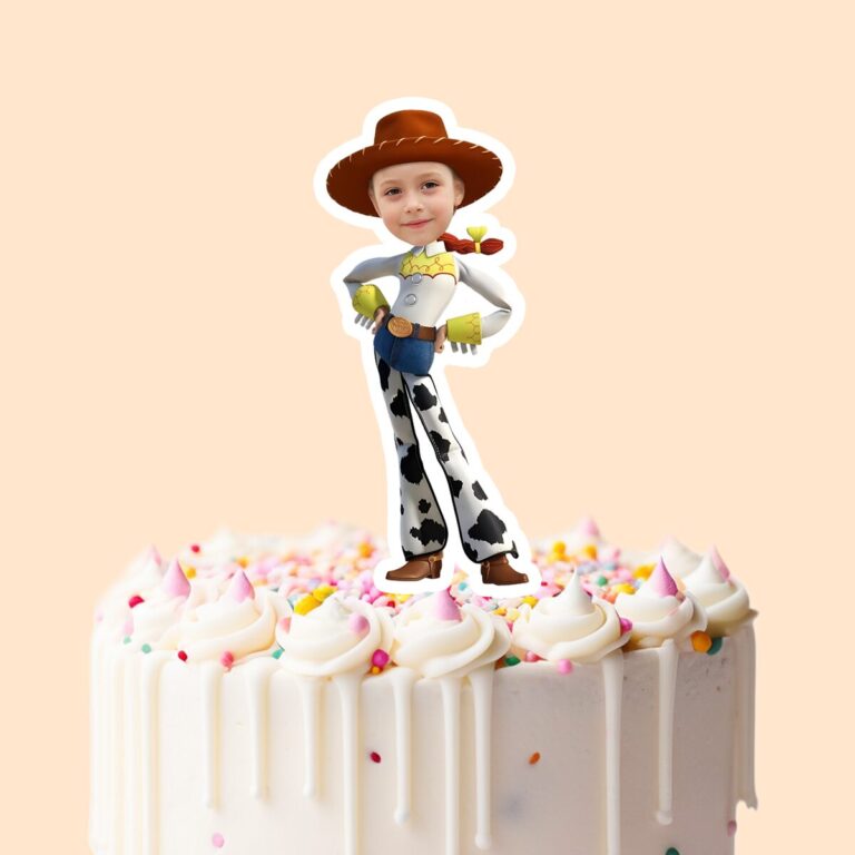 Custom Cowgirl Character Face Cutout – Cake Topper Custom Cowgirl Character Face Cutout shown on a cake topper mockup