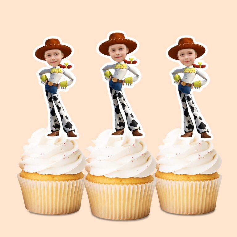 Custom Cowgirl Character Face Cutout – Cupcake Topper Custom Cowgirl Character Face Cutout shown on a cupcake topper mockup