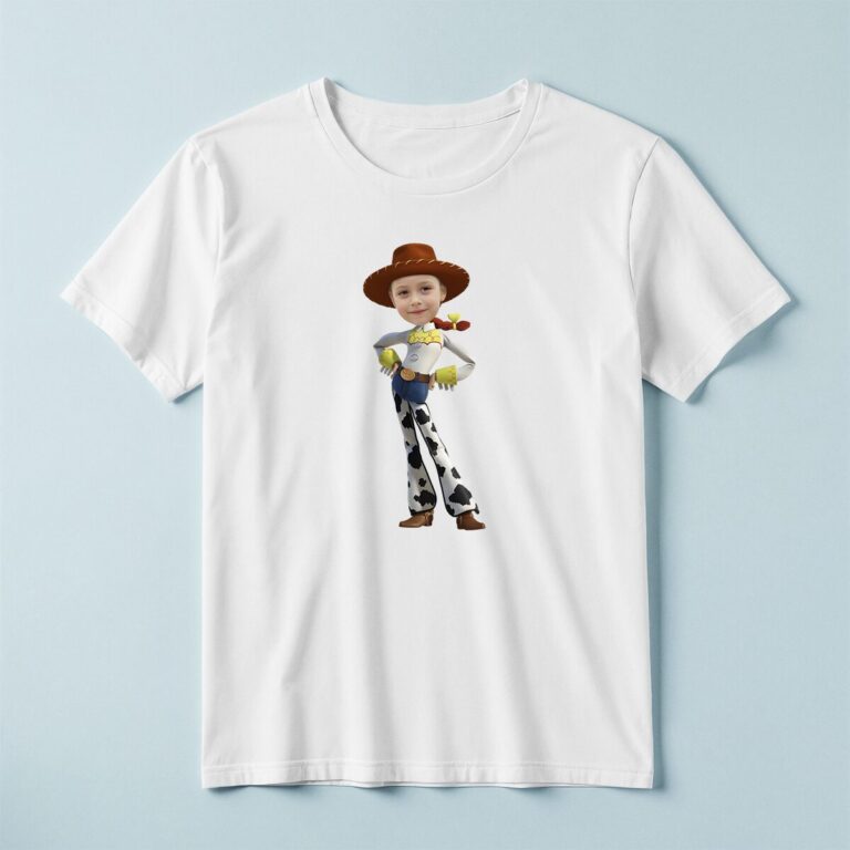 Custom Cowgirl Character Face Cutout – T-shirt Custom Cowgirl Character Face Cutout shown on a T-shirt mockup
