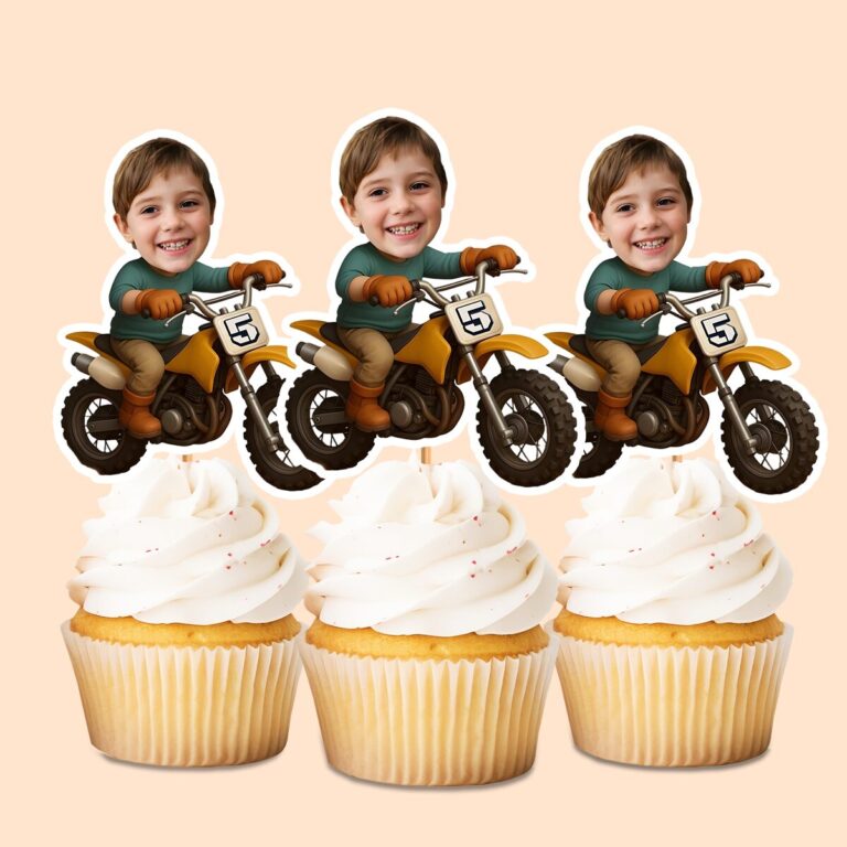 Custom Dirt-Bike Rider Green Long-Sleeve Shirt Face Cutout – Cupcake Topper Custom Dirt-Bike Rider Green Long-Sleeve Shirt Face Cutout shown on a cupcake topper mockup
