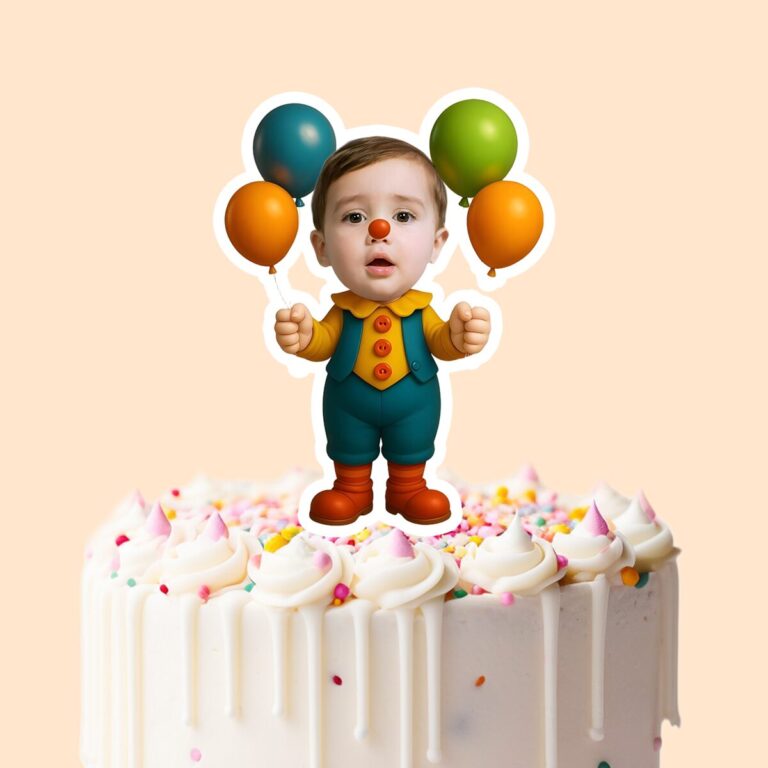 Custom Balloon Clown Face Cutout – Cake Topper Custom Balloon Clown Face Cutout shown on a cake topper mockup