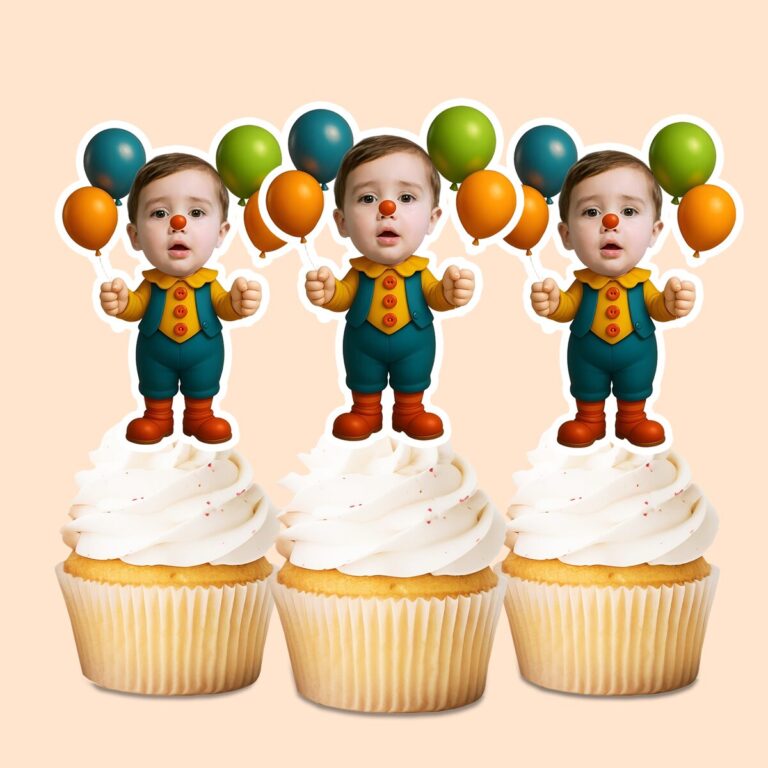 Custom Balloon Clown Face Cutout – Cupcake Topper Custom Balloon Clown Face Cutout shown on a cupcake topper mockup