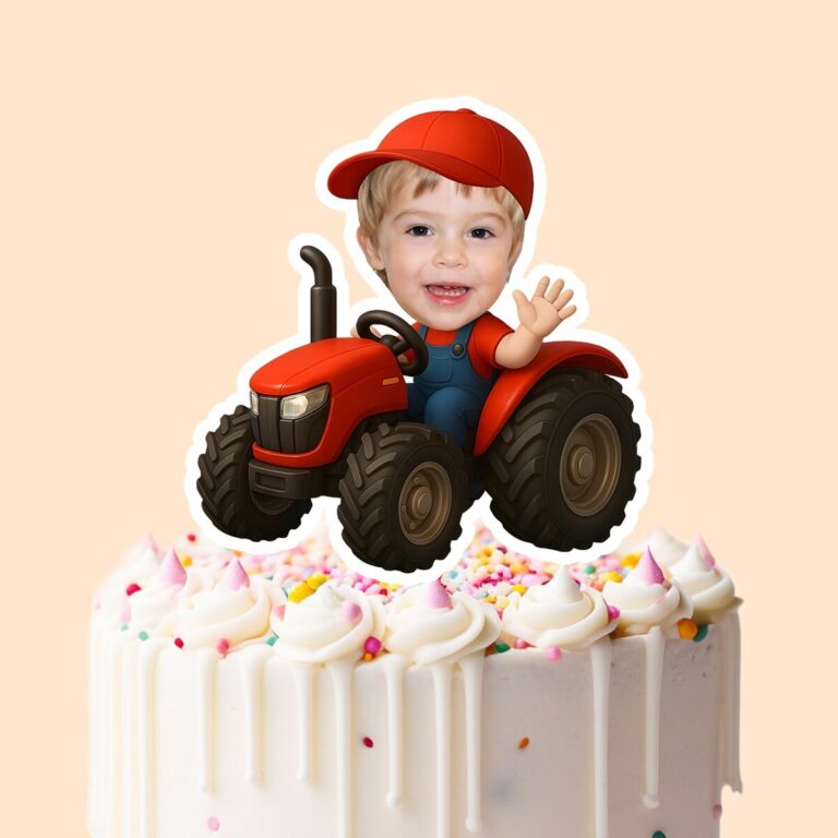 Custom Red-Tractor Driver Face Cutout – Cake Topper Custom Red-Tractor Driver Face Cutout shown on a cake topper mockup