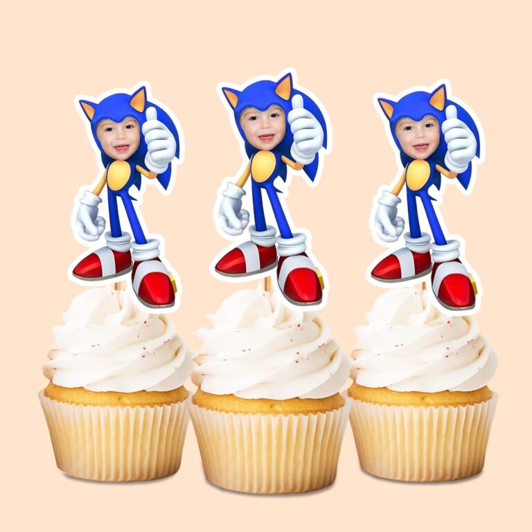 Custom Blue Speed-Character Costume Face Cutout – Cupcake Topper Custom Blue Speed-Character Costume Face Cutout shown on a cupcake topper mockup