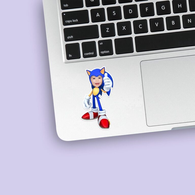 Custom Blue Speed-Character Costume Face Cutout – Sticker Custom Blue Speed-Character Costume Face Cutout shown on a sticker mockup