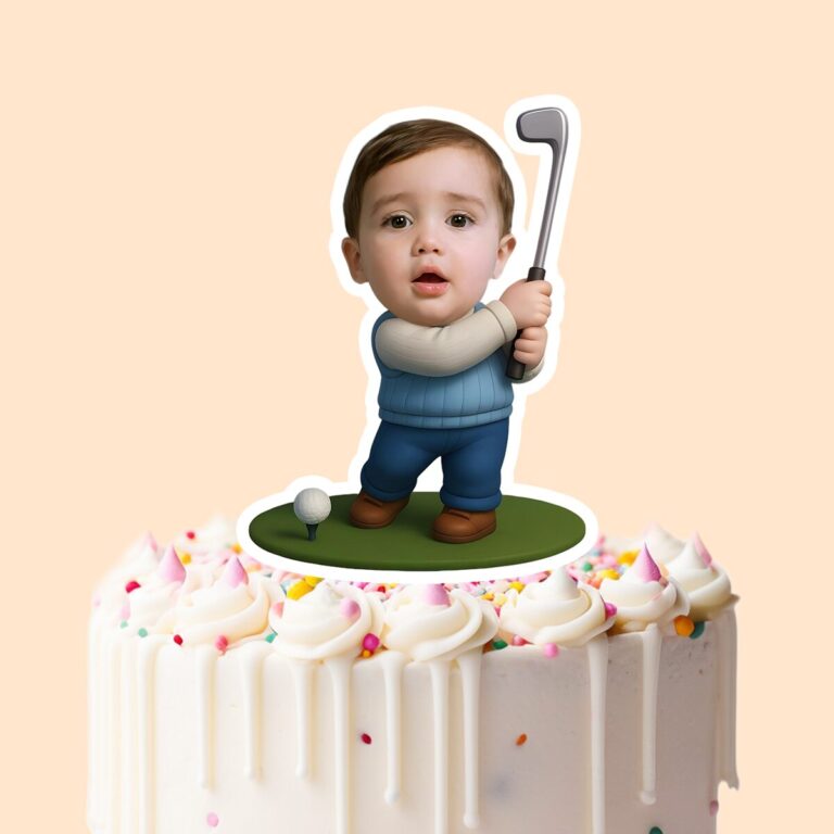 Custom Golfer Beside a Ball Face Cutout – Cake Topper Custom Golfer Beside a Ball Face Cutout shown on a cake topper mockup