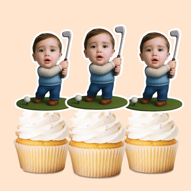 Custom Golfer Beside a Ball Face Cutout – Cupcake Topper Custom Golfer Beside a Ball Face Cutout shown on a cupcake topper mockup