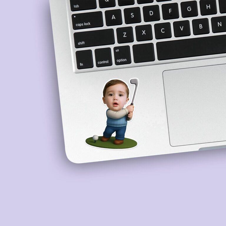 Custom Golfer Beside a Ball Face Cutout – Sticker Custom Golfer Beside a Ball Face Cutout shown on a sticker mockup