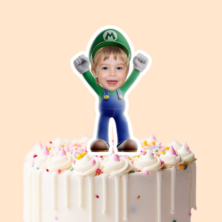 Custom Green-Capped Game-World Plumber Face Cutout – Cake Topper Custom Green-Capped Game-World Plumber Face Cutout shown on a cake topper mockup