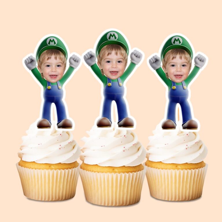Custom Green-Capped Game-World Plumber Face Cutout – Cupcake Topper Custom Green-Capped Game-World Plumber Face Cutout shown on a cupcake topper mockup