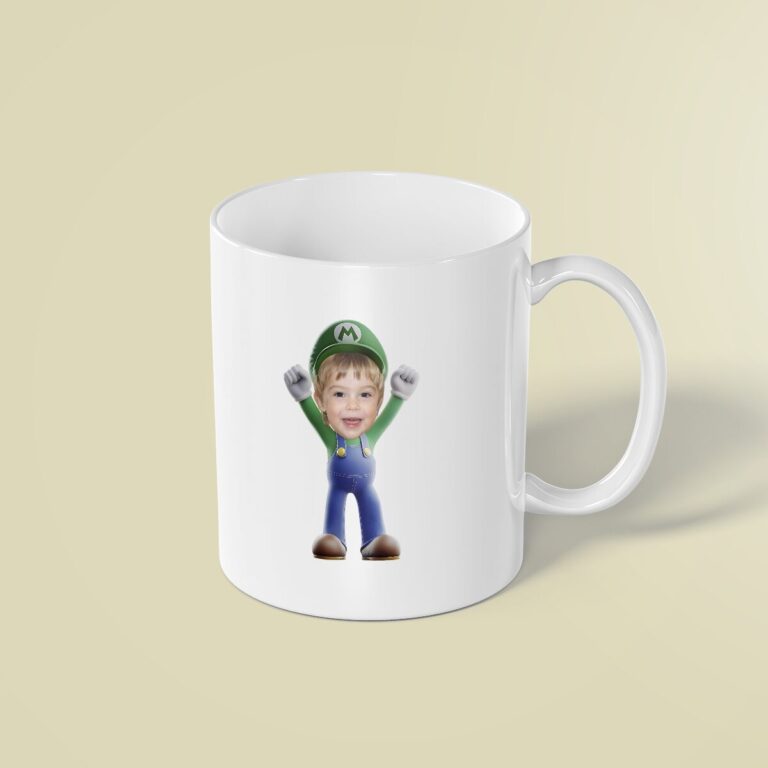 Custom Green-Capped Game-World Plumber Face Cutout – Mug Custom Green-Capped Game-World Plumber Face Cutout shown on a mug mockup