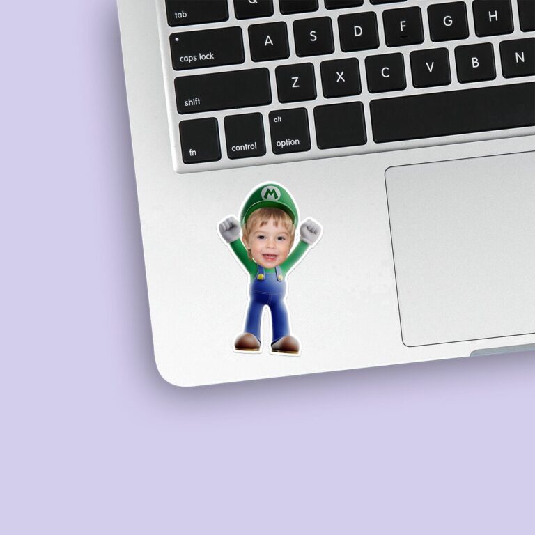 Custom Green-Capped Game-World Plumber Face Cutout – Sticker Custom Green-Capped Game-World Plumber Face Cutout shown on a sticker mockup