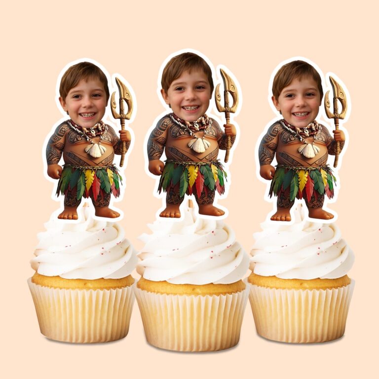 Custom Island Demigod Warrior Face Cutout – Cupcake Topper Custom Island Demigod Warrior Face Cutout shown on a cupcake topper mockup