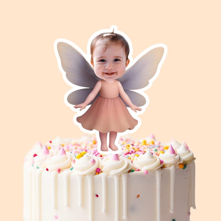 Custom Soft Pink Fairy Face Cutout – Cake Topper Custom Soft Pink Fairy Face Cutout shown on a cake topper mockup