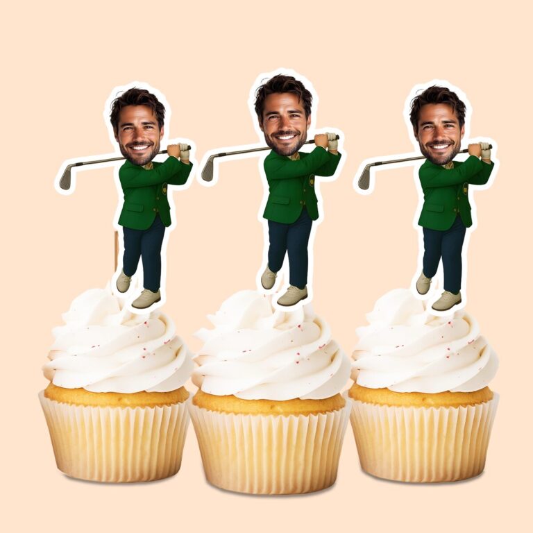 Custom Golfer in Green Jacket Face Cutout – Cupcake Topper Custom Golfer in Green Jacket Face Cutout shown on a cupcake topper mockup