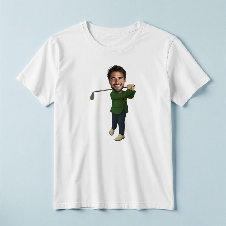 Custom Golfer in Green Jacket Face Cutout – T-shirt Custom Golfer in Green Jacket Face Cutout shown on a T-shirt mockup