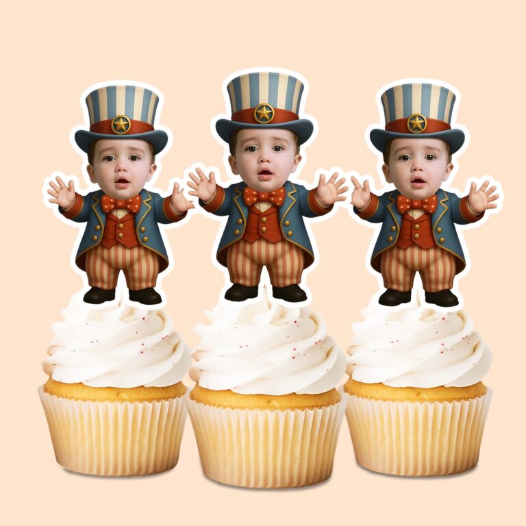 Custom Patriotic Circus Showman Face Cutout – Cupcake Topper Custom Patriotic Circus Showman Face Cutout shown on a cupcake topper mockup