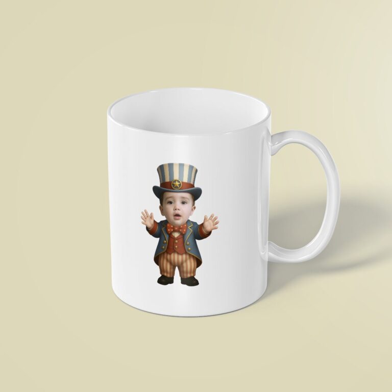 Custom Patriotic Circus Showman Face Cutout – Mug Custom Patriotic Circus Showman Face Cutout shown on a mug mockup