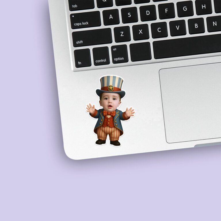 Custom Patriotic Circus Showman Face Cutout – Sticker Custom Patriotic Circus Showman Face Cutout shown on a sticker mockup