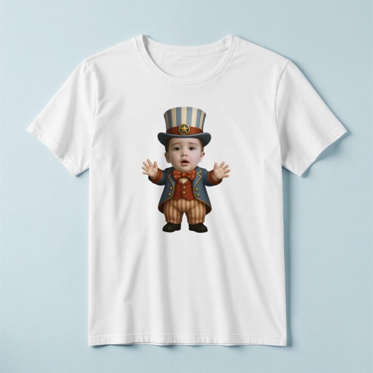 Custom Patriotic Circus Showman Face Cutout – T-shirt Custom Patriotic Circus Showman Face Cutout shown on a T-shirt mockup
