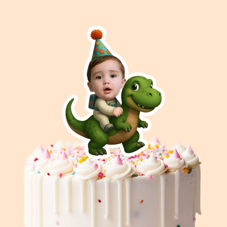 Custom Birthday Rider on a Green Dinosaur Face Cutout – Cake Topper Custom Birthday Rider on a Green Dinosaur Face Cutout shown on a cake topper mockup
