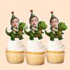 Custom Birthday Rider on a Green Dinosaur Face Cutout – Cupcake Topper Custom Birthday Rider on a Green Dinosaur Face Cutout shown on a cupcake topper mockup