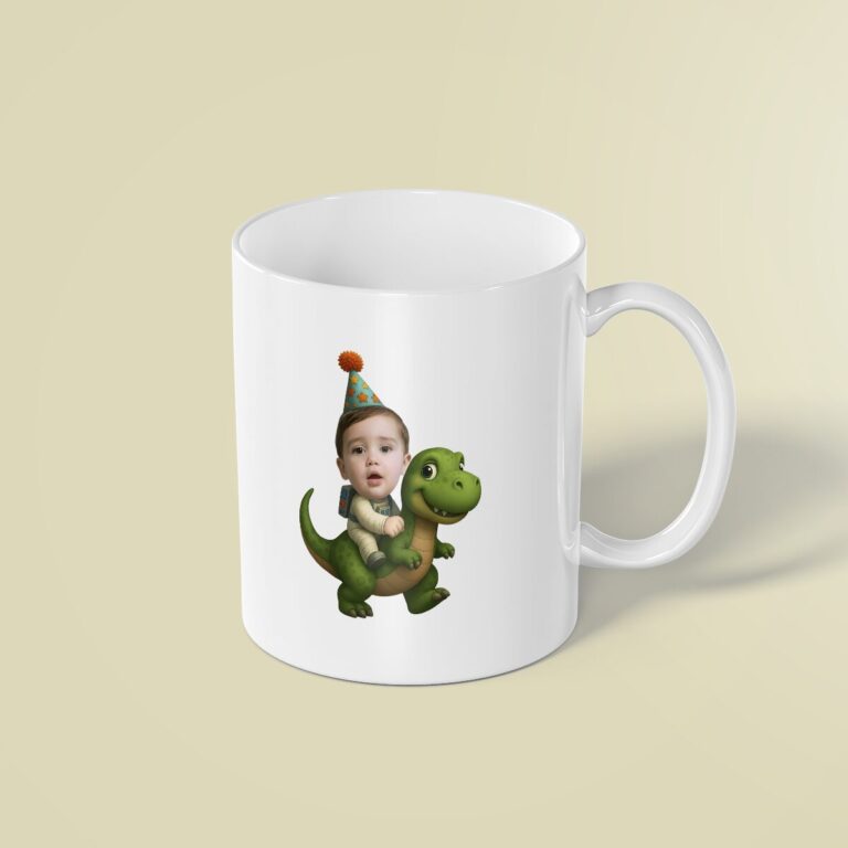Custom Birthday Rider on a Green Dinosaur Face Cutout – Mug Custom Birthday Rider on a Green Dinosaur Face Cutout shown on a mug mockup