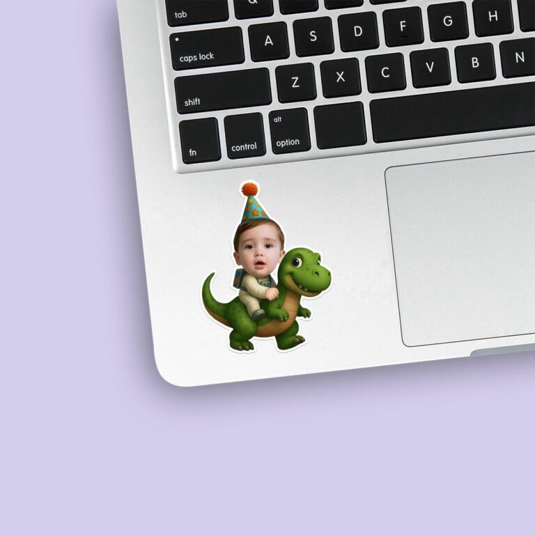 Custom Birthday Rider on a Green Dinosaur Face Cutout – Sticker Custom Birthday Rider on a Green Dinosaur Face Cutout shown on a sticker mockup
