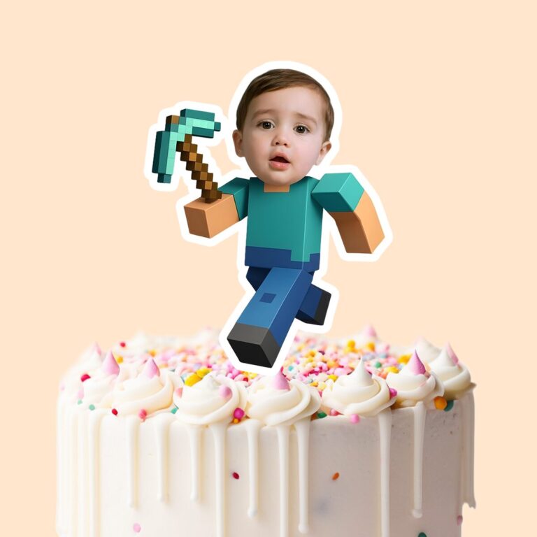 Custom Pixel-Style Miner with Pickaxe Face Cutout – Cake Topper Custom Pixel-Style Miner with Pickaxe Face Cutout shown on a cake topper mockup
