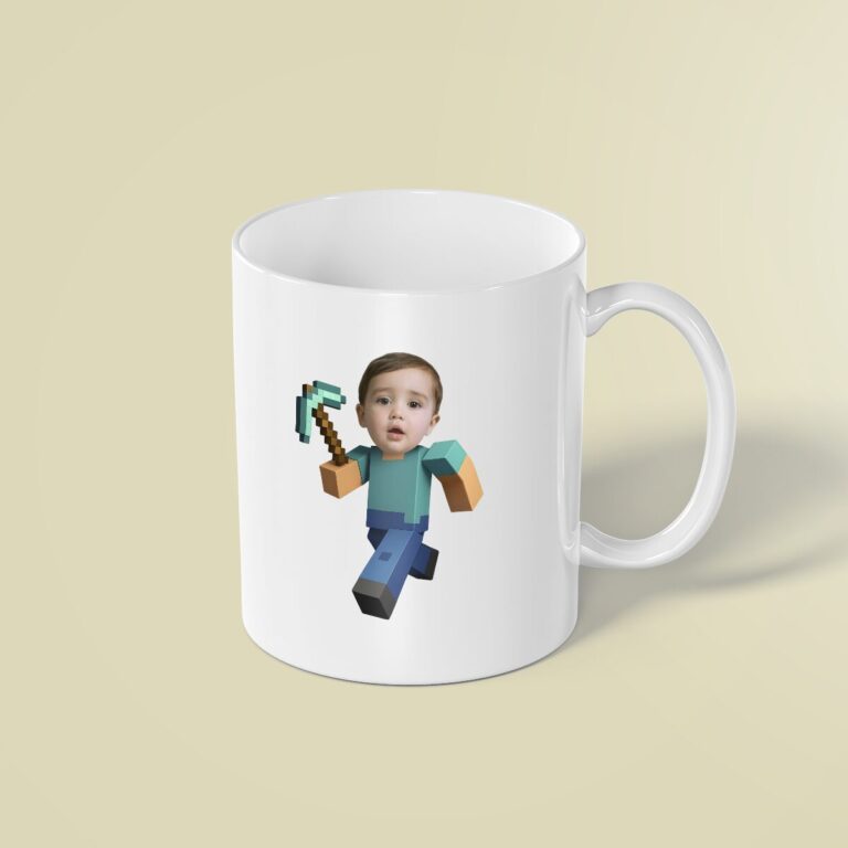 Custom Pixel-Style Miner with Pickaxe Face Cutout – Mug Custom Pixel-Style Miner with Pickaxe Face Cutout shown on a mug mockup