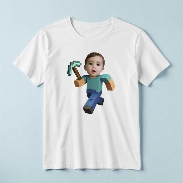 Custom Pixel-Style Miner with Pickaxe Face Cutout – T-shirt Custom Pixel-Style Miner with Pickaxe Face Cutout shown on a T-shirt mockup