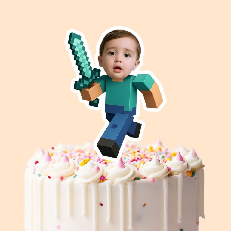 Custom Pixel-Style Adventurer with Sword Face Cutout – Cake Topper Custom Pixel-Style Adventurer with Sword Face Cutout shown on a cake topper mockup