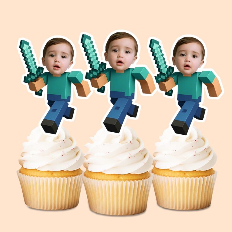 Custom Pixel-Style Adventurer with Sword Face Cutout – Cupcake Topper Custom Pixel-Style Adventurer with Sword Face Cutout shown on a cupcake topper mockup