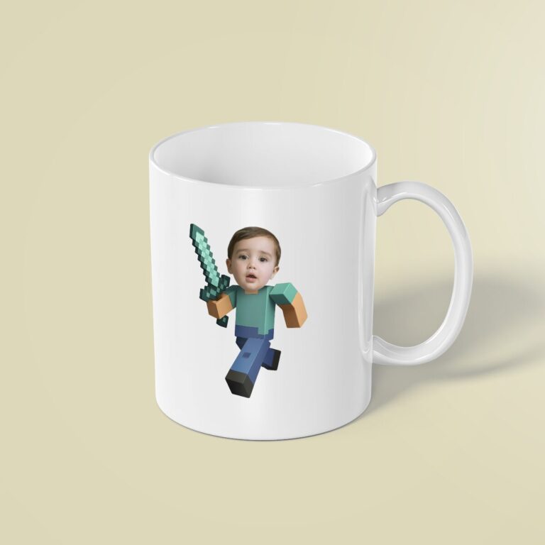 Custom Pixel-Style Adventurer with Sword Face Cutout – Mug Custom Pixel-Style Adventurer with Sword Face Cutout shown on a mug mockup