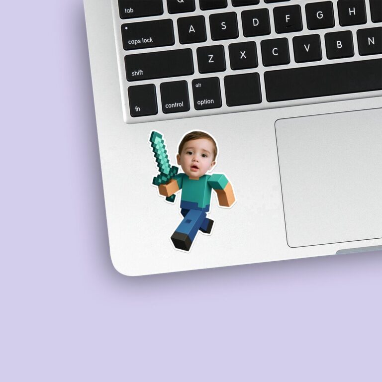 Custom Pixel-Style Adventurer with Sword Face Cutout – Sticker Custom Pixel-Style Adventurer with Sword Face Cutout shown on a sticker mockup